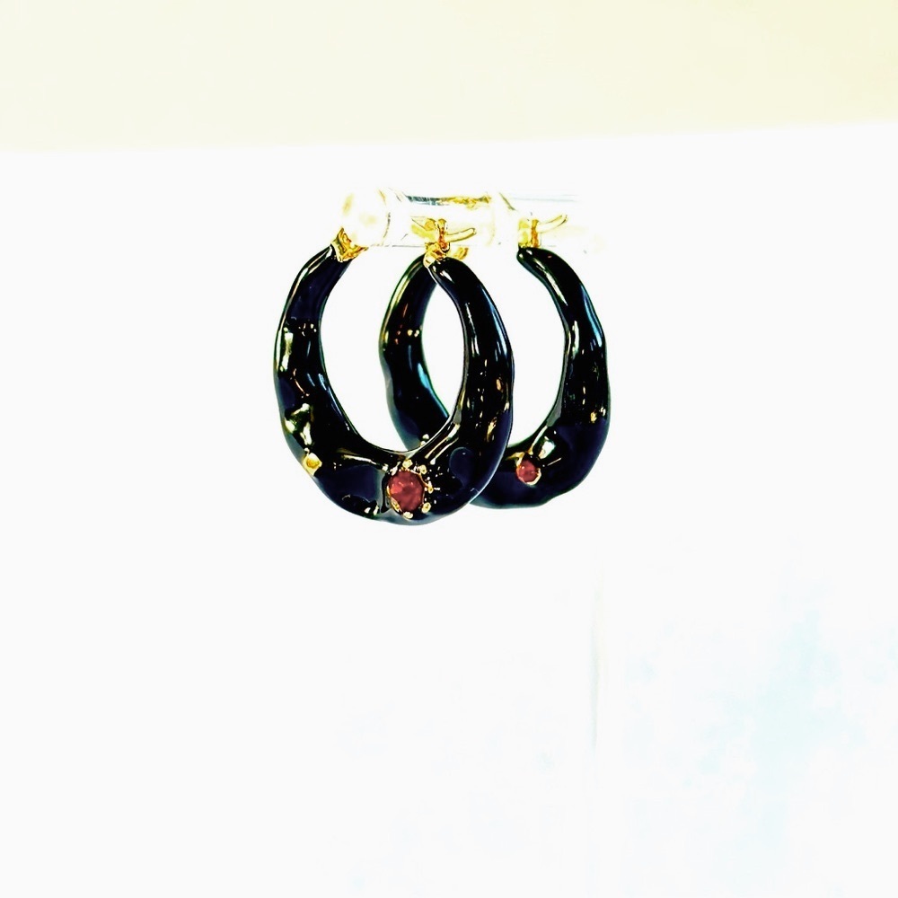 Designer Black Enamel Hoop Earrings with Red Gemstone Accent | NWT